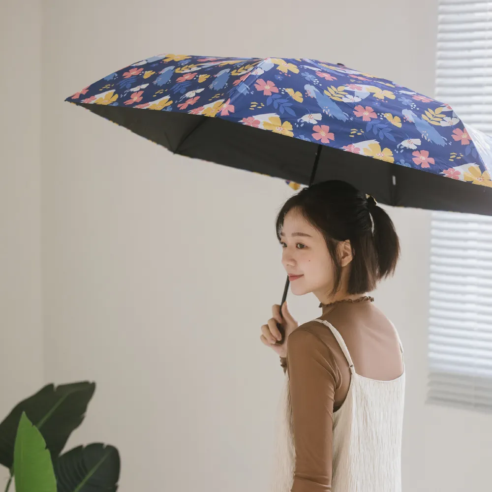 【rento】碳纖輕量黑膠晴雨傘-花朝月夕 深藍(碳纖傘骨 日系傘 黑膠傘 防曬 降溫  抗UV)