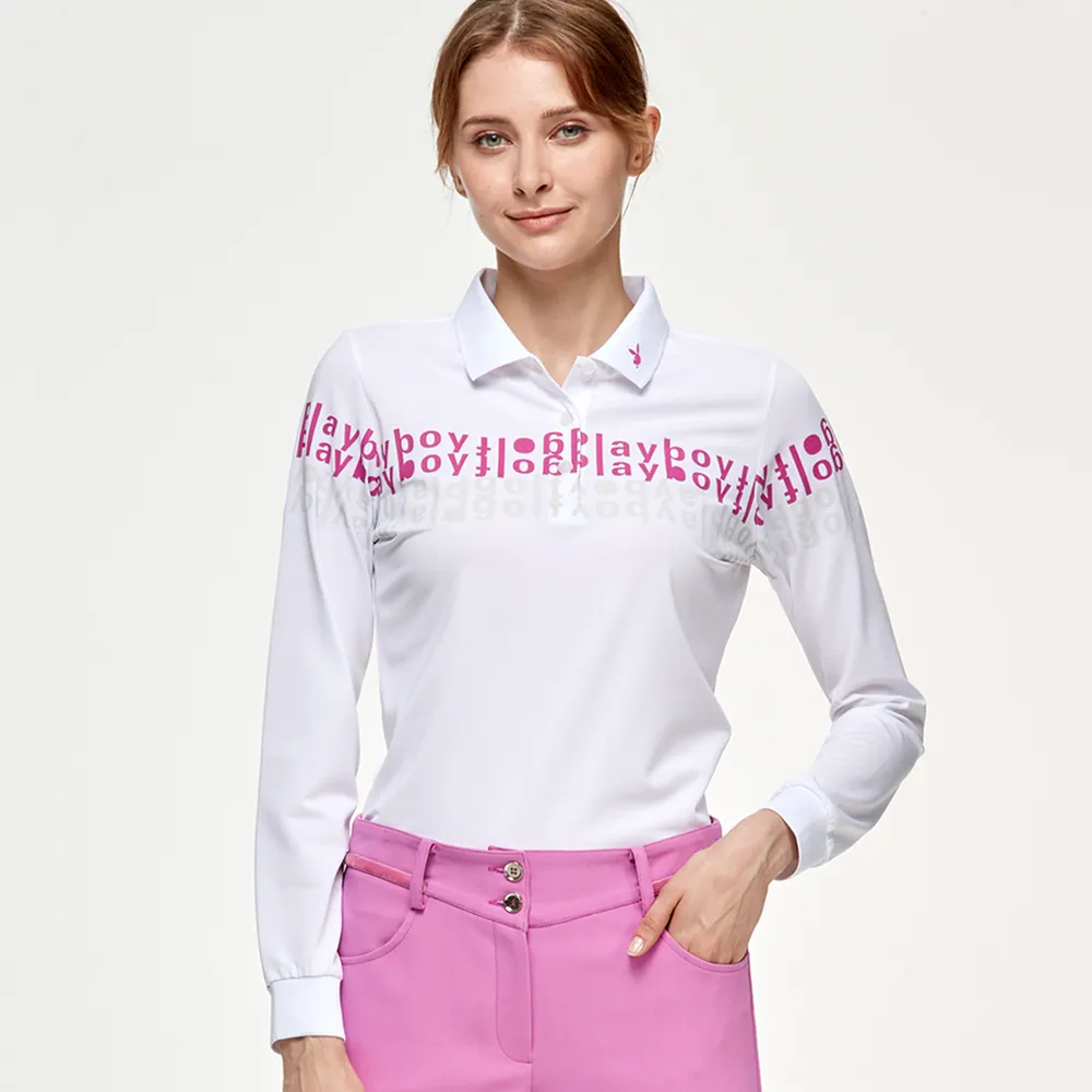 【PLAYBOY GOLF】女款LOGO印花高爾夫薄長袖POLO衫-白(吸濕排汗/抗UV/GOLF/高爾夫球衫/KA24201-87)