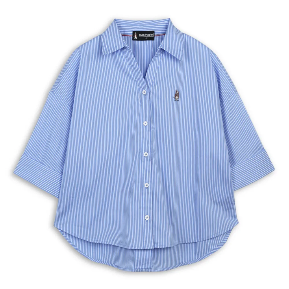 【Hush Puppies】女裝 襯衫 細直條紋刺繡小狗連袖襯衫 (藍/白條紋 / 64212101)