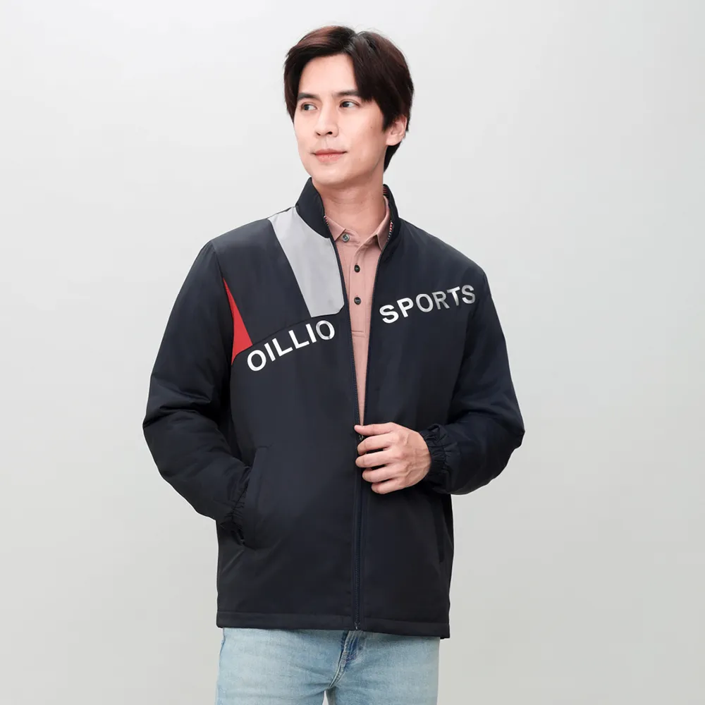 【oillio 歐洲貴族】男裝 有大尺碼 休閒運動立領外套 超柔防皺 防風保暖 品牌穿搭(黑色 法國品牌)