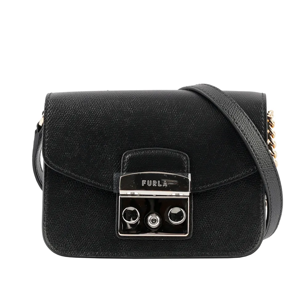 【FURLA 芙拉】Metropolis 壓紋牛皮金鍊翻蓋迷你斜背包(黑色)