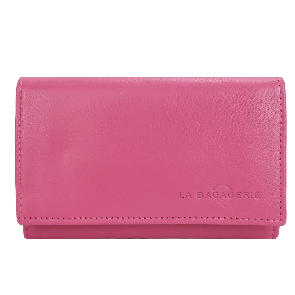 【LA BAGAGERIE】全牛皮翻蓋雙折短夾(桃紅/展示品)