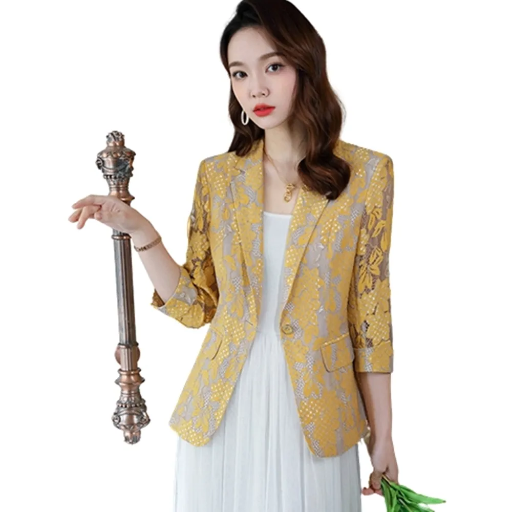 【米蘭精品】現貨+預購 西裝外套休閒西服(蕾絲鏤空七分袖修身一粒扣女外套3色74co6)