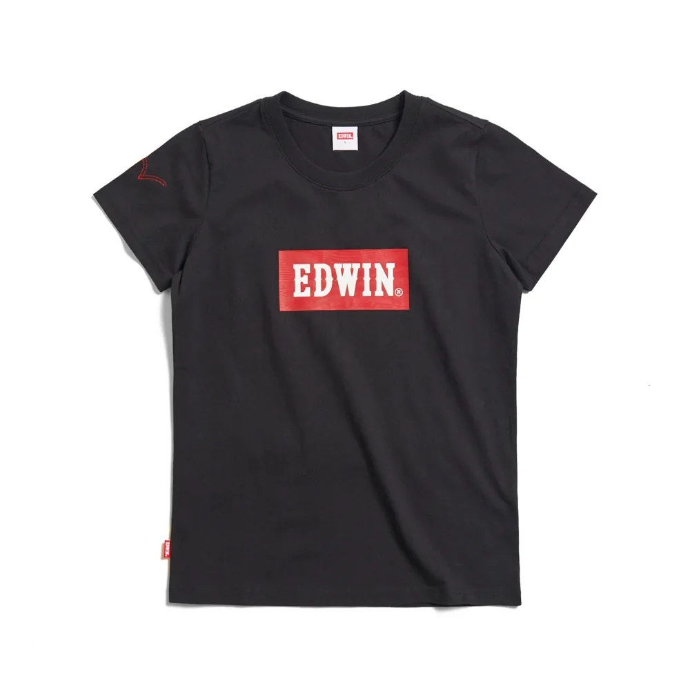 【EDWIN】女裝 音樂紅印花短袖T恤(黑色)