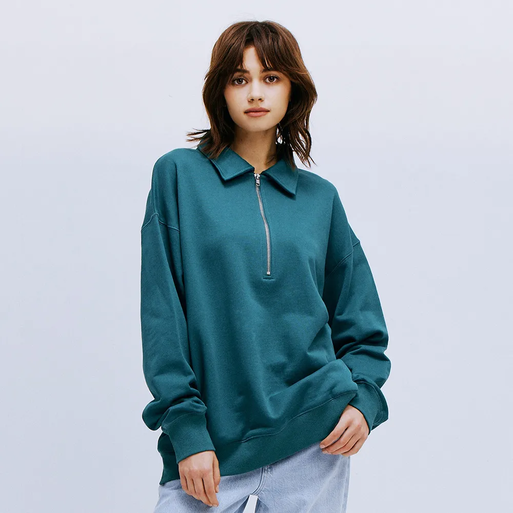 【BRAPPERS】女款 半拉鍊翻領長袖T(藍綠)