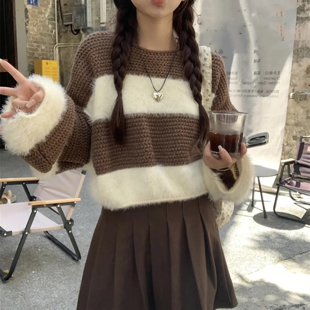 【D.studio】韓版拼接條紋撞色毛衣(針織上衣毛衣長袖上衣女裝衣服 長袖t恤保暖上衣冬裝發熱衣 W440)