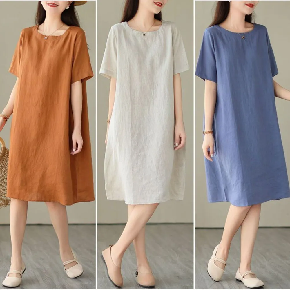 【AKARA】棉麻避暑涼夏純色連身裙短袖洋裝 中大尺碼 M-3XL