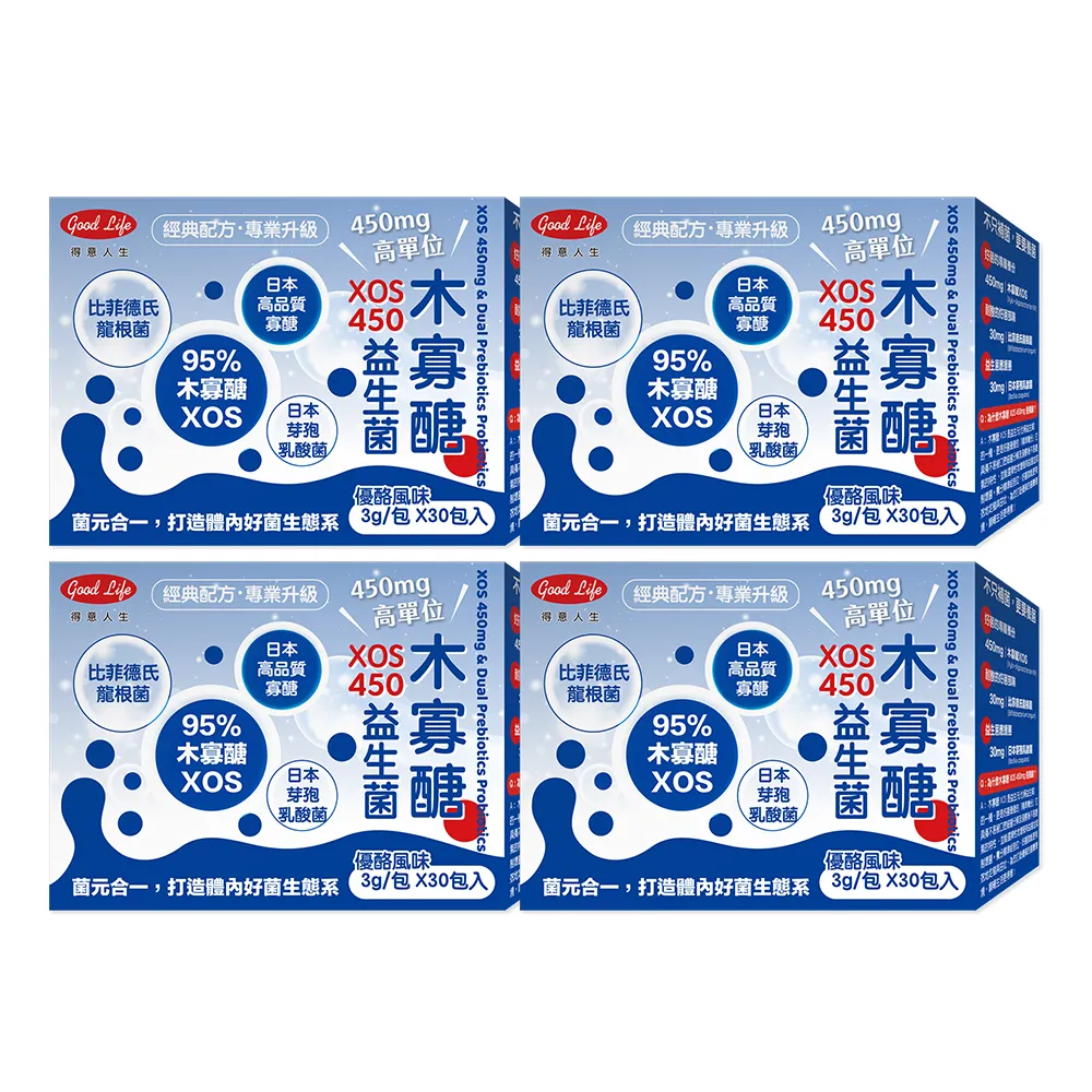 【得意人生】XOS 450mg 木寡醣益生菌3g四入組 (共120包 雙益生元配方 比菲德氏菌 乳酸菌 凝結芽孢桿菌)