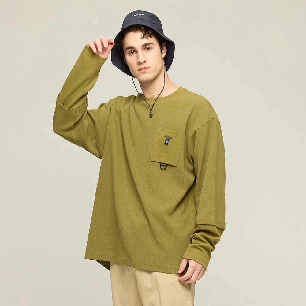 【NAUTICA】官方旗艦 City Boy系列 男裝 華夫格假兩件機能口袋長袖T恤(綠色)