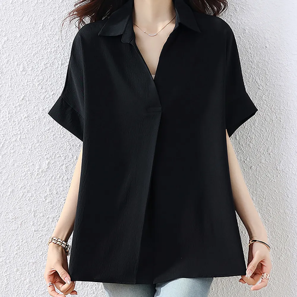 【麗質達人】6528黑色短袖上衣-LY(L-5XL)