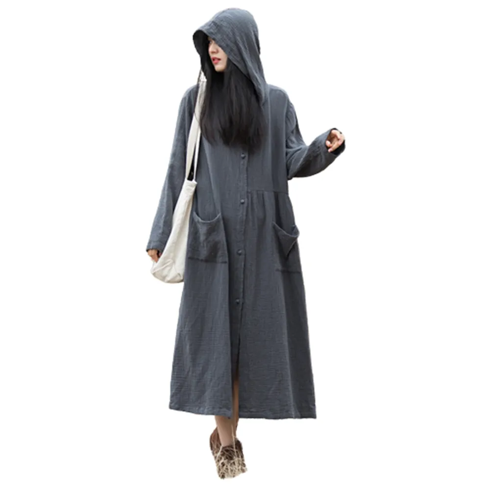 【米蘭精品】現貨+預購 風衣外套棉麻外套(連帽復古文藝百搭女外套3色74eo26)