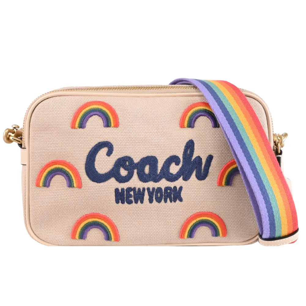 【COACH】Theo 電繡LOGO彩虹圖案寬背帶方包斜背包(象牙色)