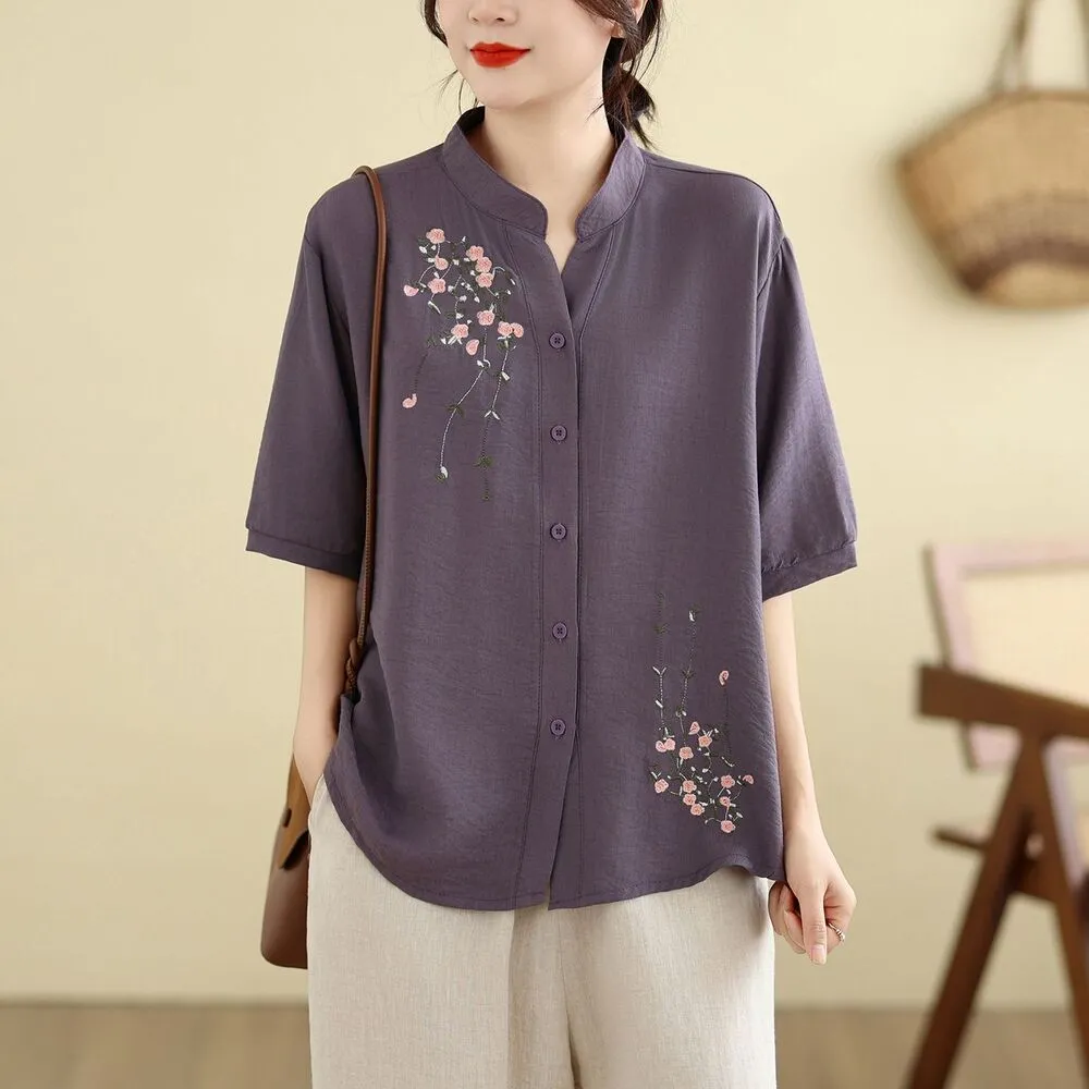 【AKARA】和風棉麻繡花精緻五分袖襯衫上衣 中大尺碼 L-3XL