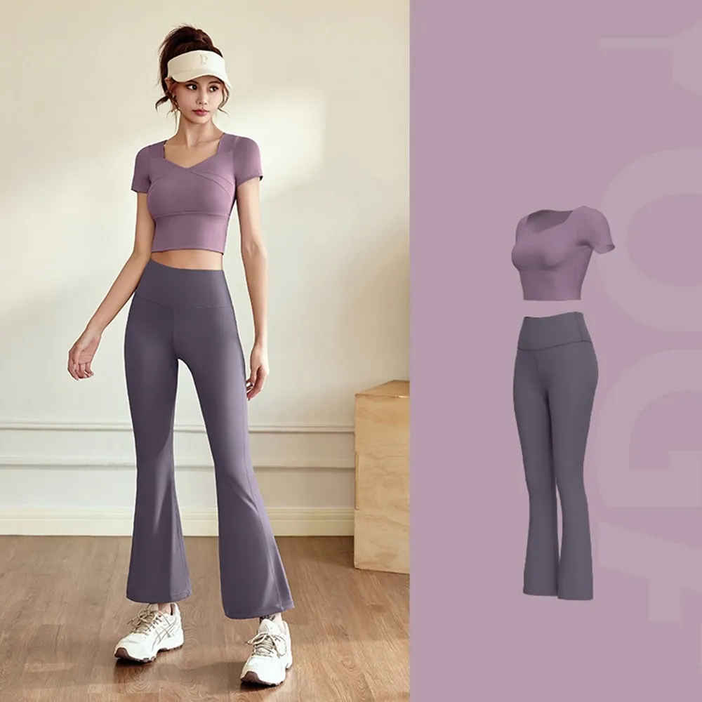 【米蘭精品】現貨+預購 瑜珈服套裝短袖運動服運動上衣瑜伽褲運動內衣(附胸墊速乾高彈女休閒服4色74ek26)