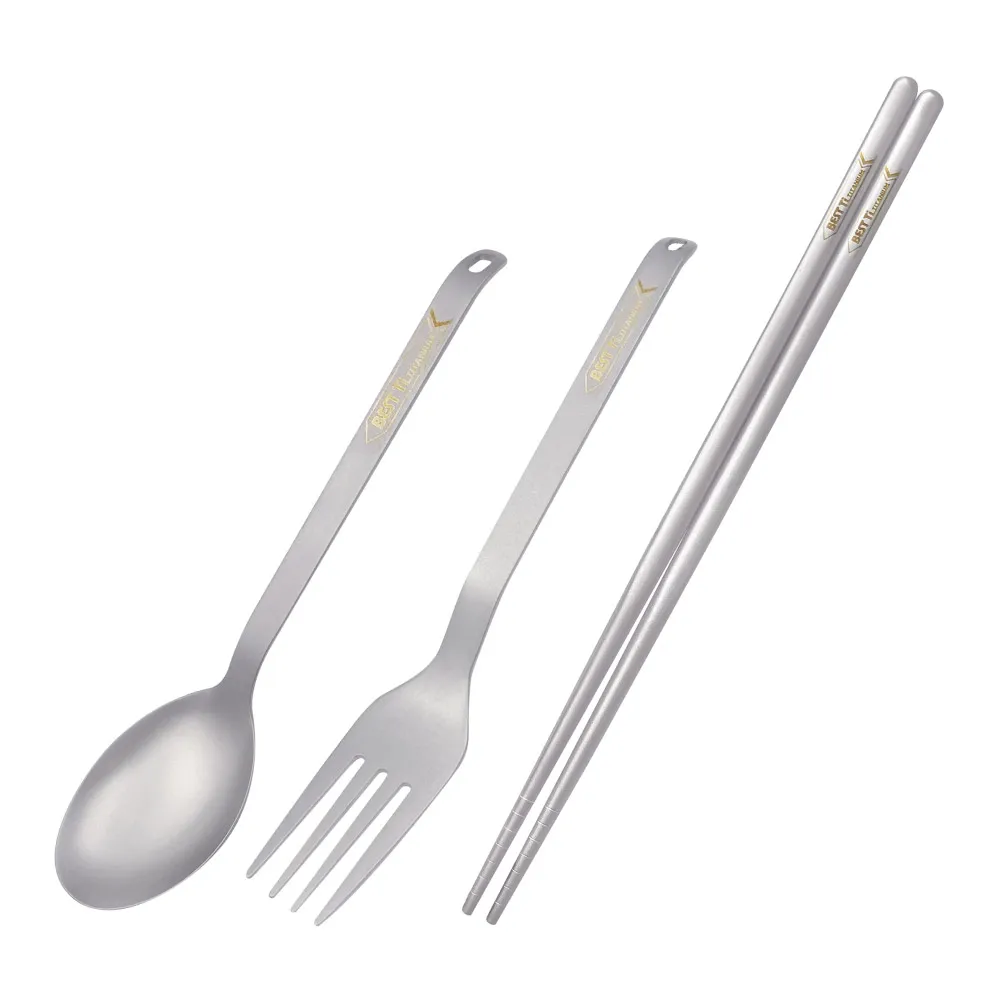 【BEST Ti】純鈦餐具三件組(方筷/ 湯匙/ 叉子)
