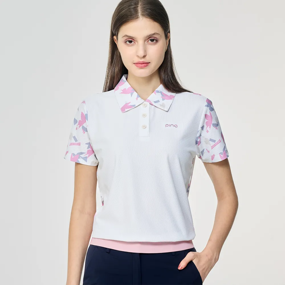 【PING】女款飛鳥與蝴蝶高爾夫短袖POLO衫-白(吸濕排汗/環保素材/GOLF/高爾夫球衫/RA26116-73)