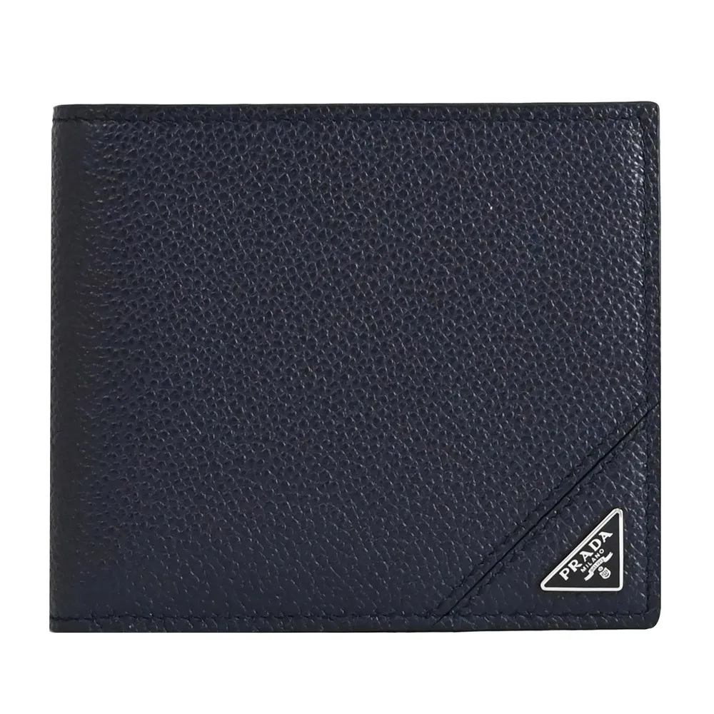 【PRADA 普拉達】經典三角LOGO荔枝牛皮雙層8卡對折短夾(深藍)