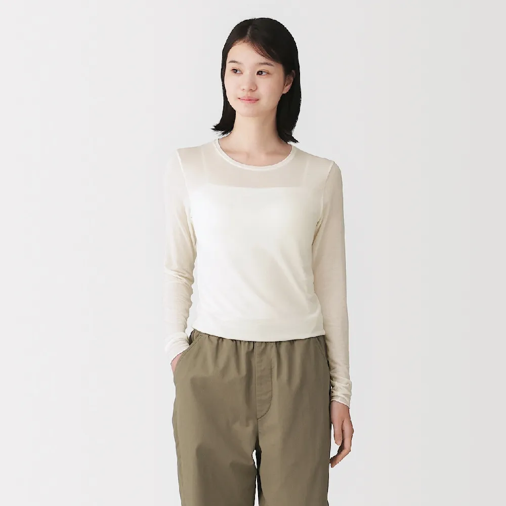 【MUJI 無印良品】女透明感圓領長袖 T 恤(柔白/黑色)