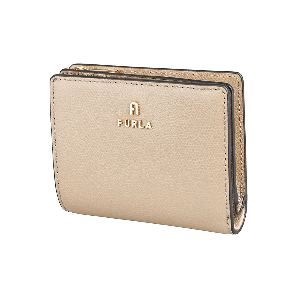 【FURLA 芙拉】FURLA Camelia雷雕鍍金字LOGO小牛皮4卡按釦式零錢短夾(灰褐)