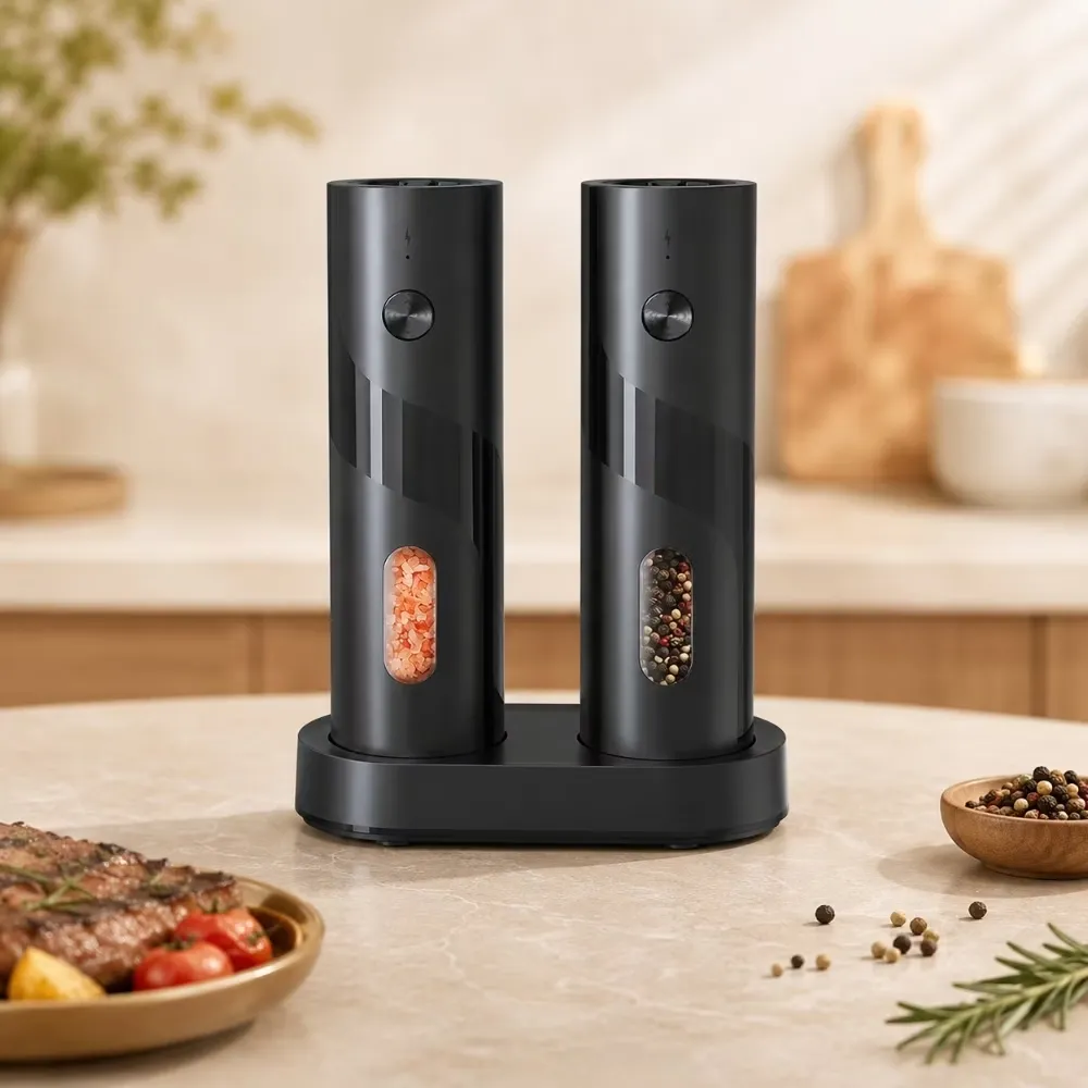 USB自動電動研磨器2入組附底座(芝麻 海鹽 玫瑰鹽 黑胡椒 研磨罐 研磨瓶 調味料 調料瓶 調味罐)