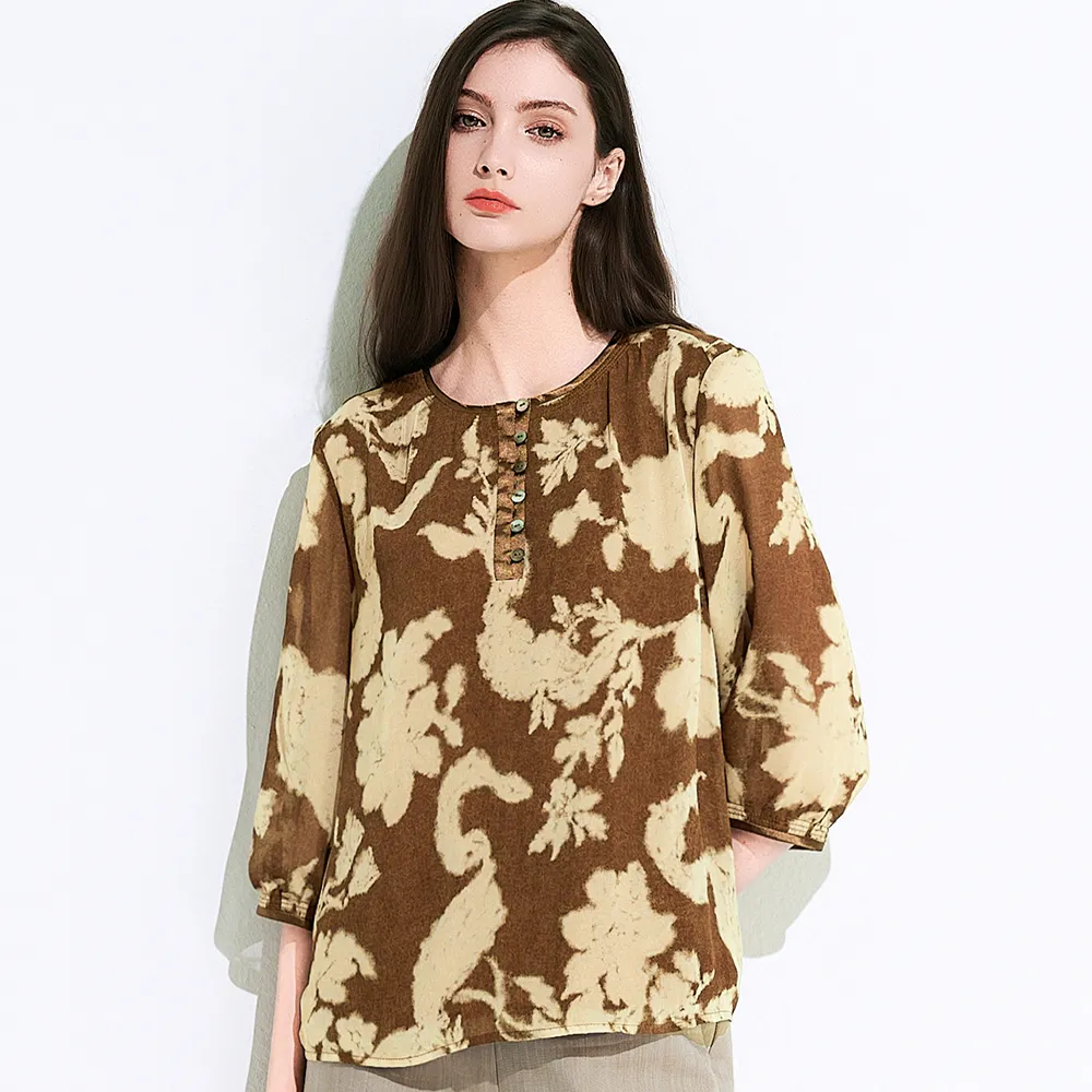 【TOWN’WEAR 棠葳】侘寂印象花卉雪紡上衣(中大尺碼/女上衣/女上著/七分袖/透膚/印花)