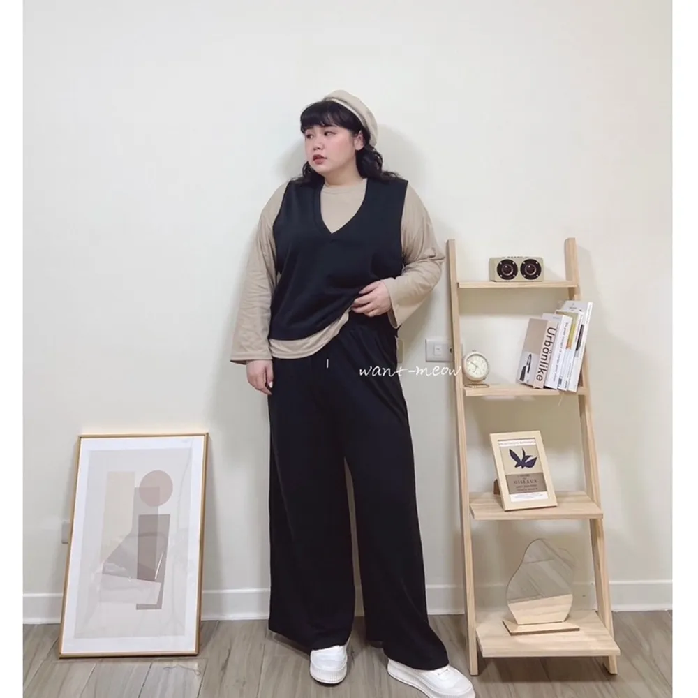 【Want-Meow】90公斤可穿/百搭神器超級顯瘦抽繩口袋棉寬褲(大碼/大尺碼/加大碼/棉寬褲)