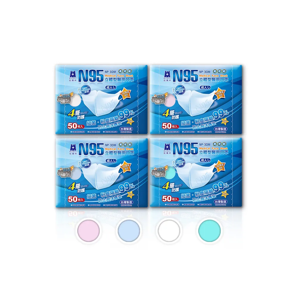 【藍鷹牌】N95石墨烯 3D立體型成人醫用口罩 50片x4盒(藍色/青色/粉色/白色)