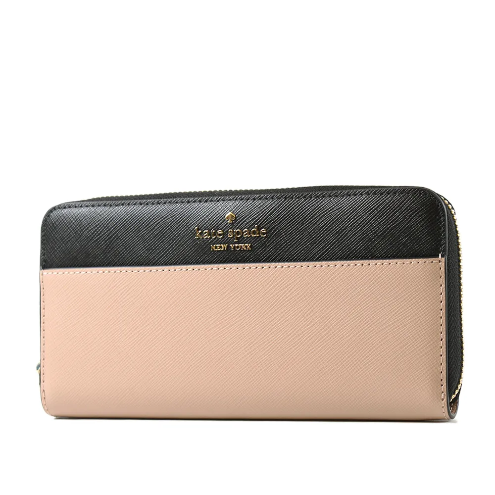 【KATE SPADE】Madison 防刮十字紋拚色拉鍊長夾-奶茶色/黑