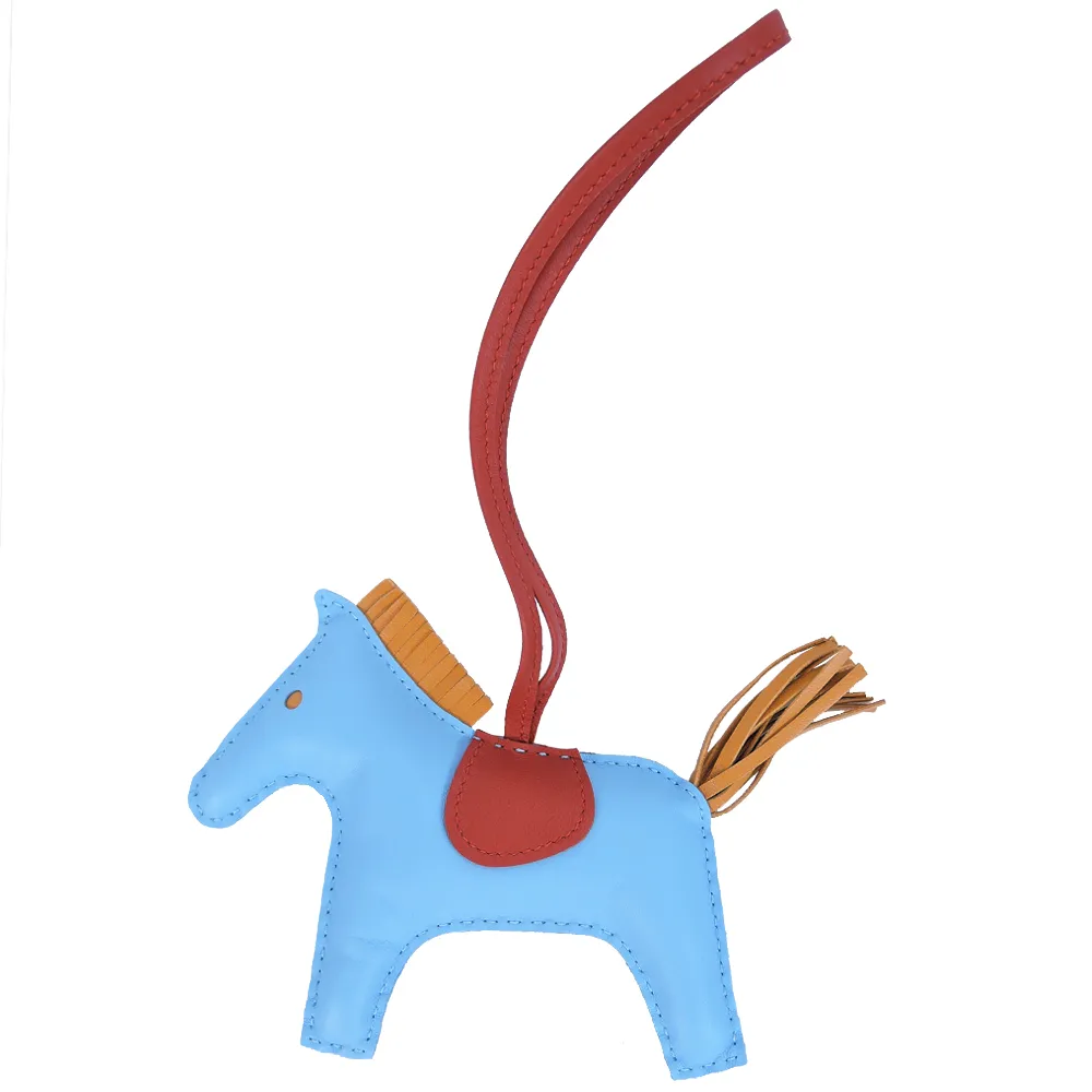 【Hermes 愛馬仕】Rodeo小羊皮撞色手工馬兒吊飾(中/水藍)