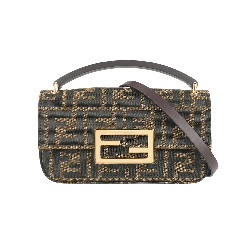 【FENDI 芬迪】FF Logo Baguette 緹花布法棍手機包/二用包(棕色)