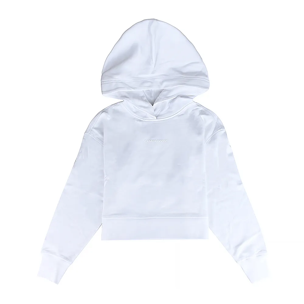 【CANADA GOOSE】CANADA GOOSE Muskoka立體字母LOGO橡膠標設計純棉圓領落肩連帽T恤(女款/白)