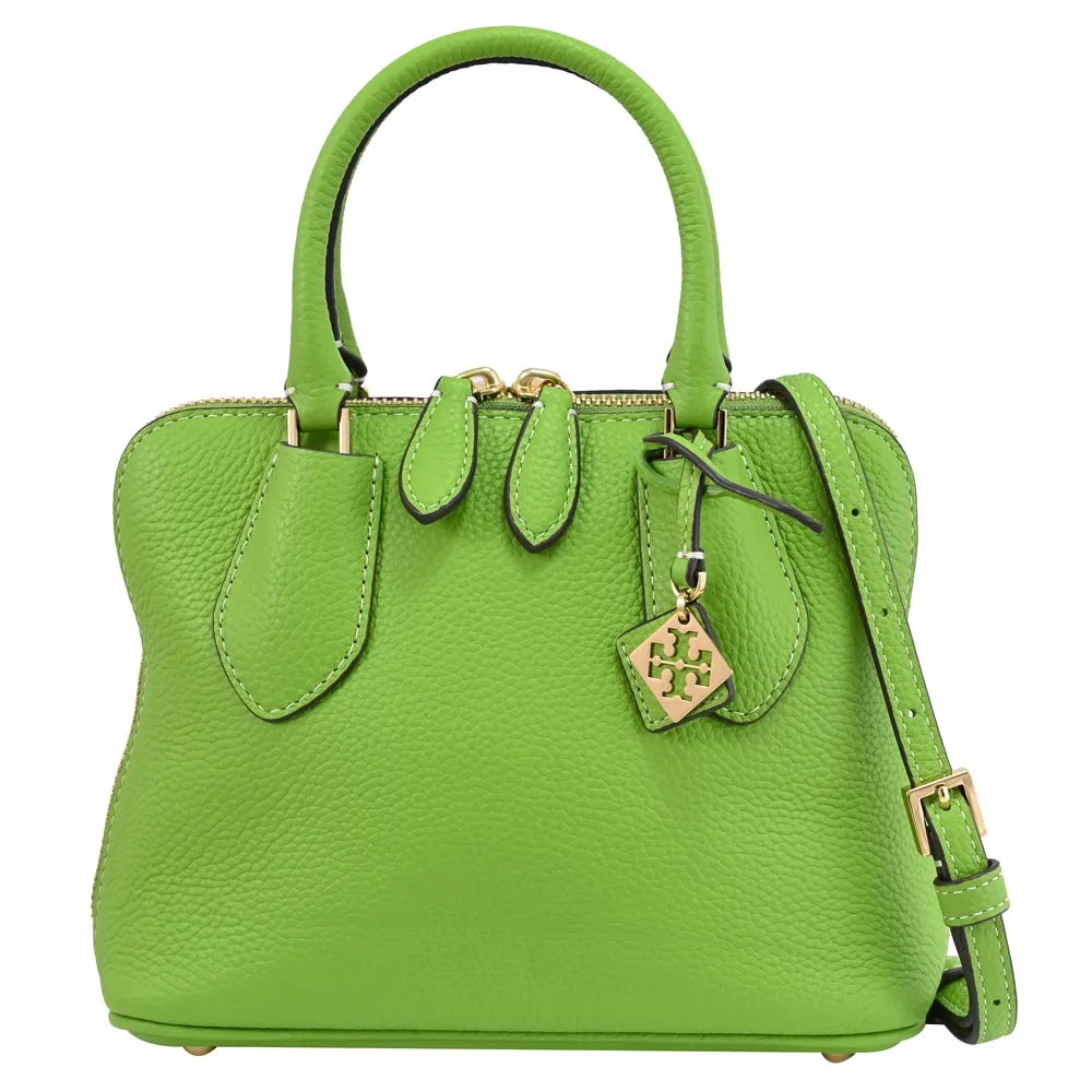 【TORY BURCH】簡約經典雙T LOGO吊飾荔枝皮革雙拉鍊手提包兩用包(草綠)