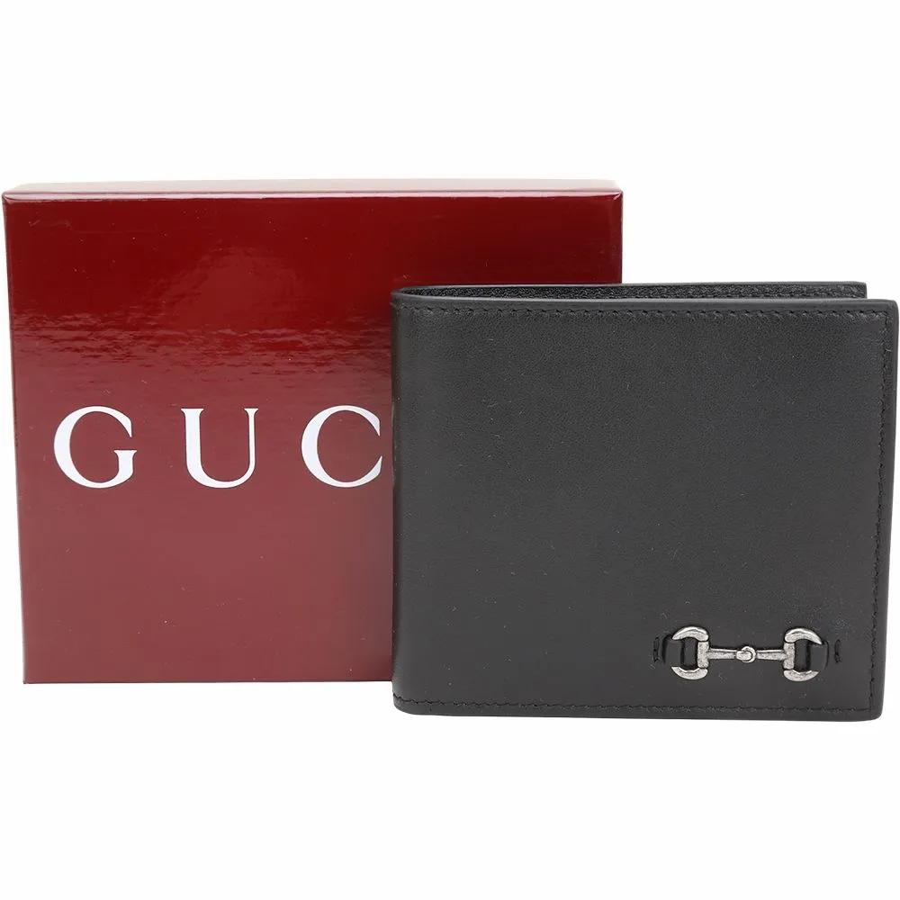 【GUCCI 古馳】Horsebit 馬銜扣4卡對開短夾(黑色)(皮夾 錢包)