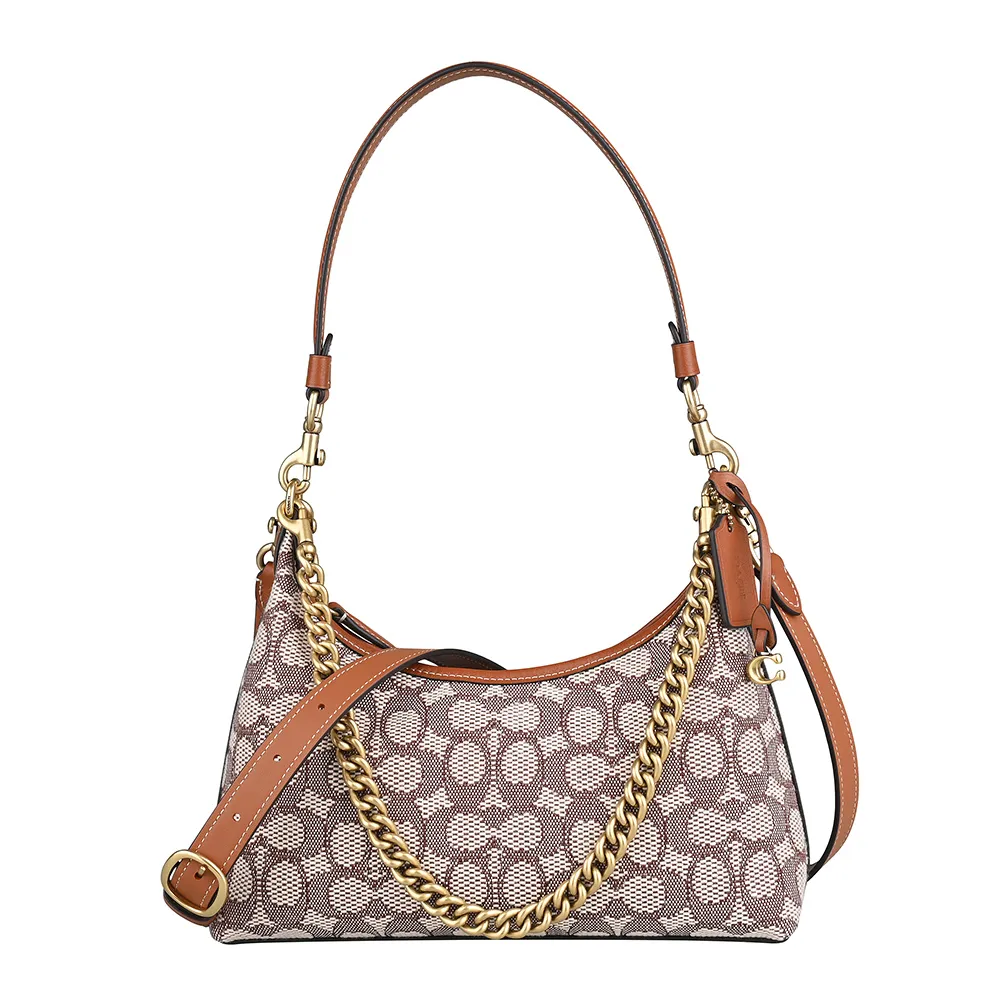 【COACH】COACH JULIET 25經典C字緹花布拼接皮革手提單肩斜背包(米白x棕)
