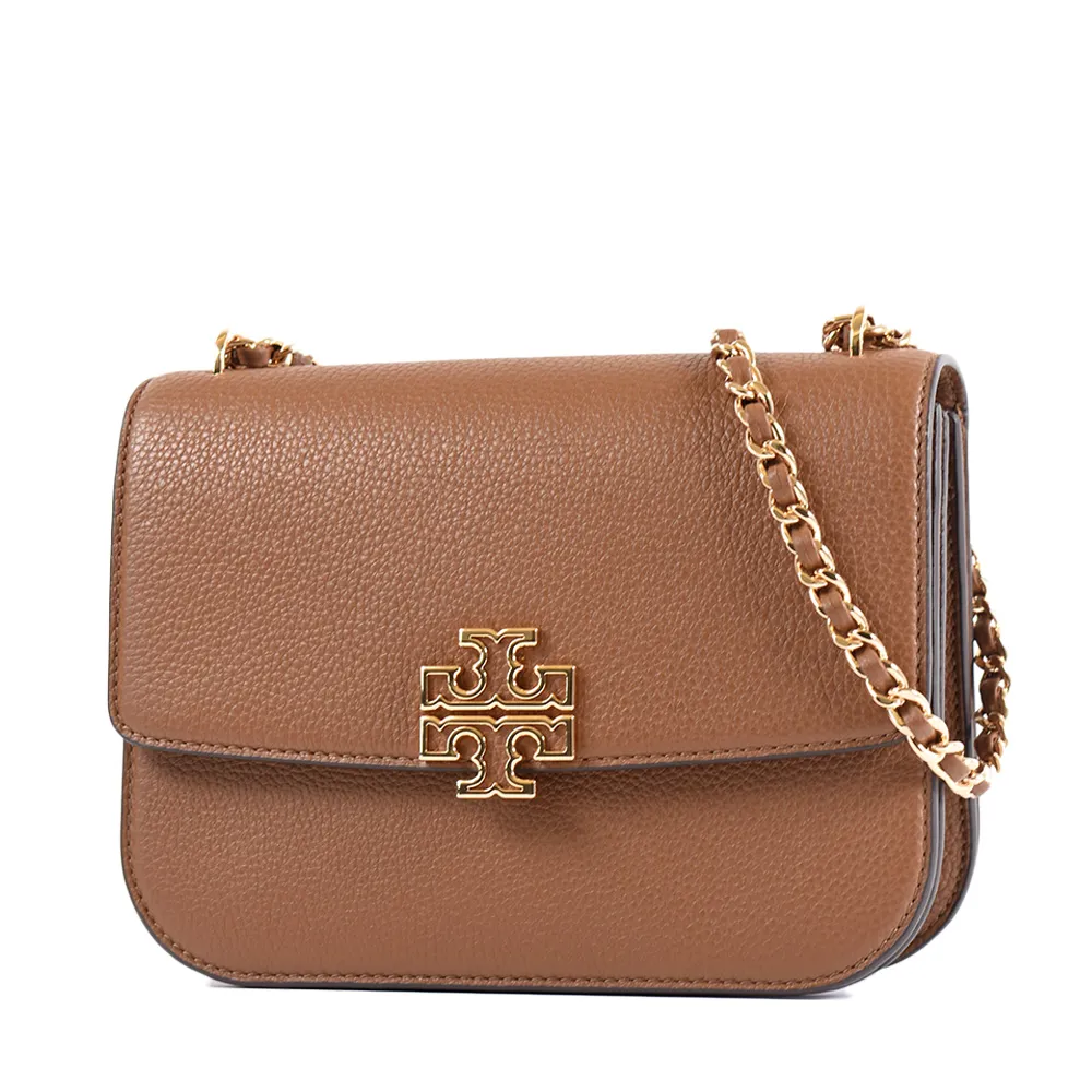 【TORY BURCH】BRITTEN 荔枝紋翻蓋編織鍊帶肩背/斜背二用包-焦糖色