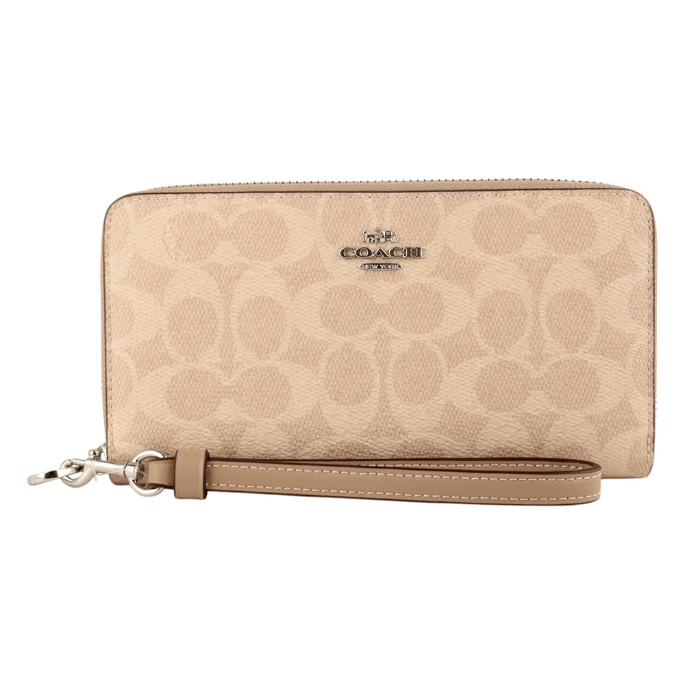【COACH】金馬車防刮LOGO皮革拉鍊掛帶長夾(卡其x淺褐)
