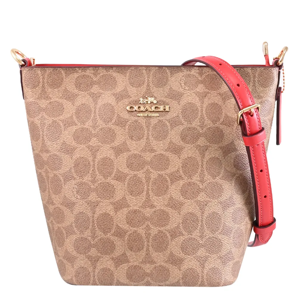 【COACH】經典LOGO滿版C字印花拼接水桶包斜背包(駝/紅)