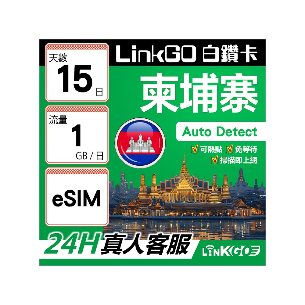 【LINKGO】白鑽卡 柬埔寨 eSIM卡 15天上網卡 每日1GB(柬埔寨網卡 金邊 吳哥窟 古蹟景區)