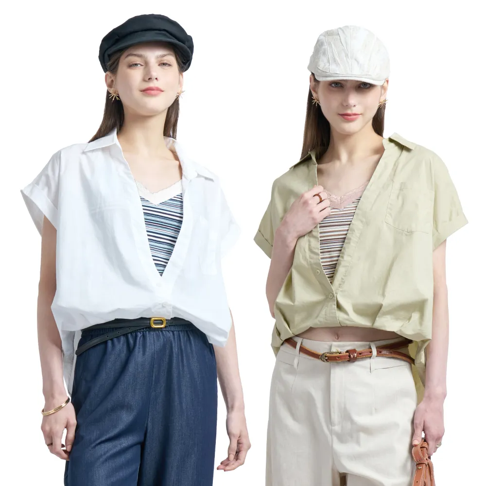 【KeyWear 奇威名品】清新條紋短袖襯衫兩件式上衣(共2色)