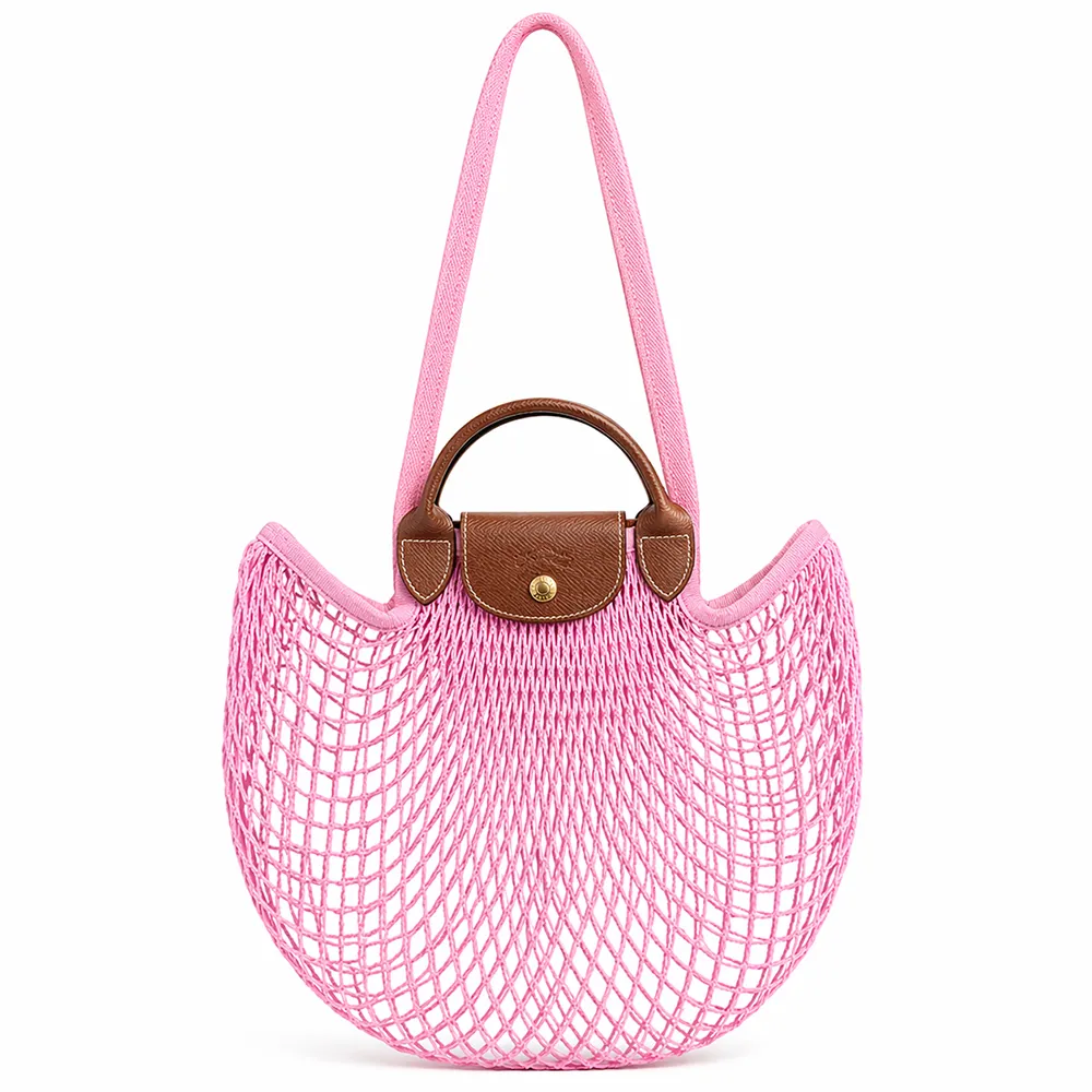 【LONGCHAMP】LE PLIAGE FILET系列網狀棉質手提/肩背兩用包(大/莓粉)