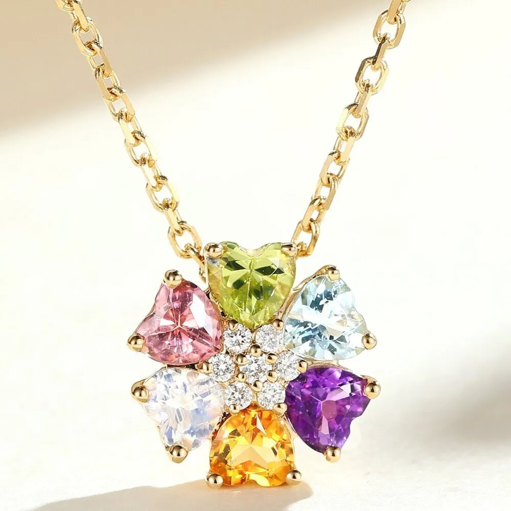 海斯珠寶 60分天然紫水晶 黃水晶 粉碧璽 橄欖石 托帕石 18K金項鍊 心形切割 六瓣花造型設計