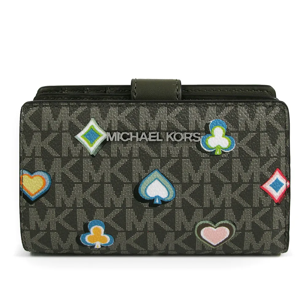 【Michael Kors】銀LOGO防刮皮革壓扣式中夾(橄欖綠色)