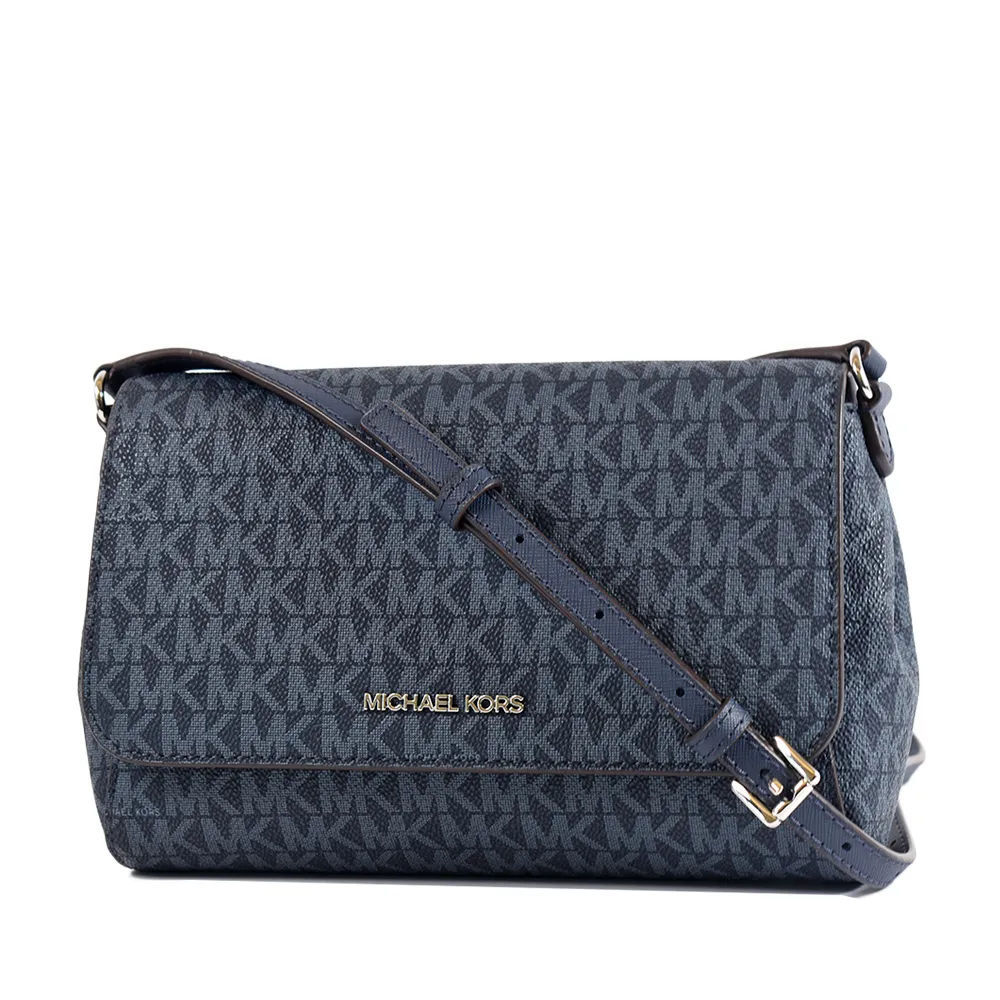 【Michael Kors】緹花LOGO防刮皮革磁吸翻蓋斜背包-海軍藍
