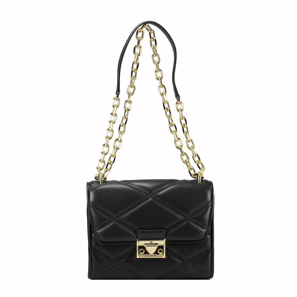 【Michael Kors】高雅菱格紋金屬鍊帶上掀斜背包(金黑)
