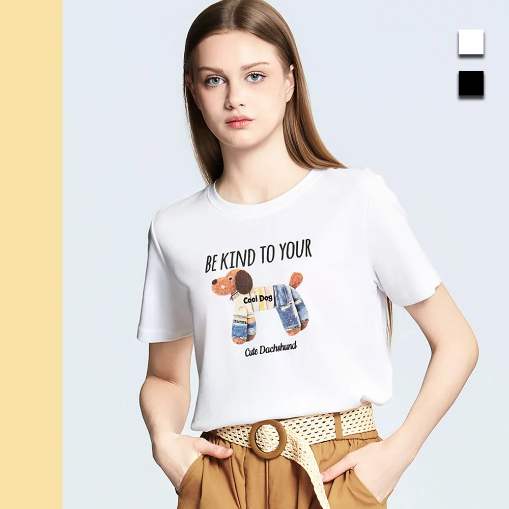 【Just Wear 佳葳】簡約狗狗印圖T恤 2色(女上衣/女上著/短袖/素色/休閒/百搭/棉T)