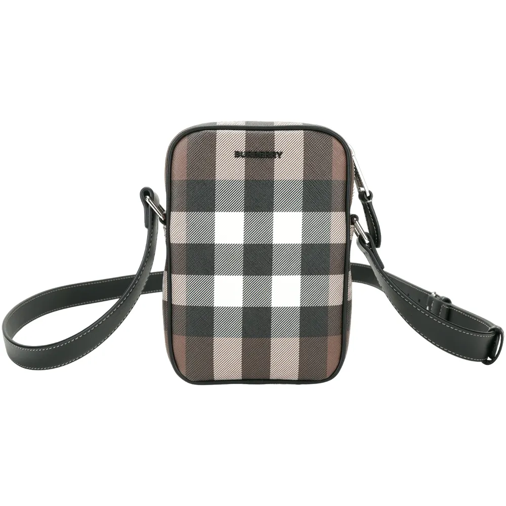 【BURBERRY 巴寶莉】PADDY 格紋塗層帆布拼牛皮迷你斜背包(深樺木棕)