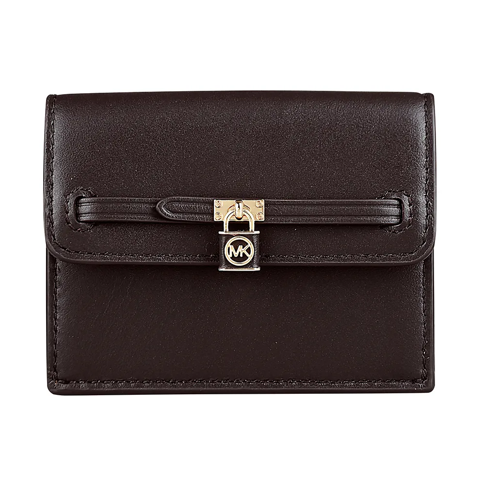 【Michael Kors】MICHAEL KORS Hamilton Legacy鎖頭吊飾2卡皮革卡片零錢包(小/巧克力棕)
