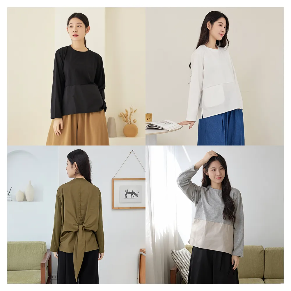【iNio 衣著美學】長袖上衣 現貨 秋冬新品 口袋拼接 蝴蝶結綁背 長袖棉T(CDW1757)