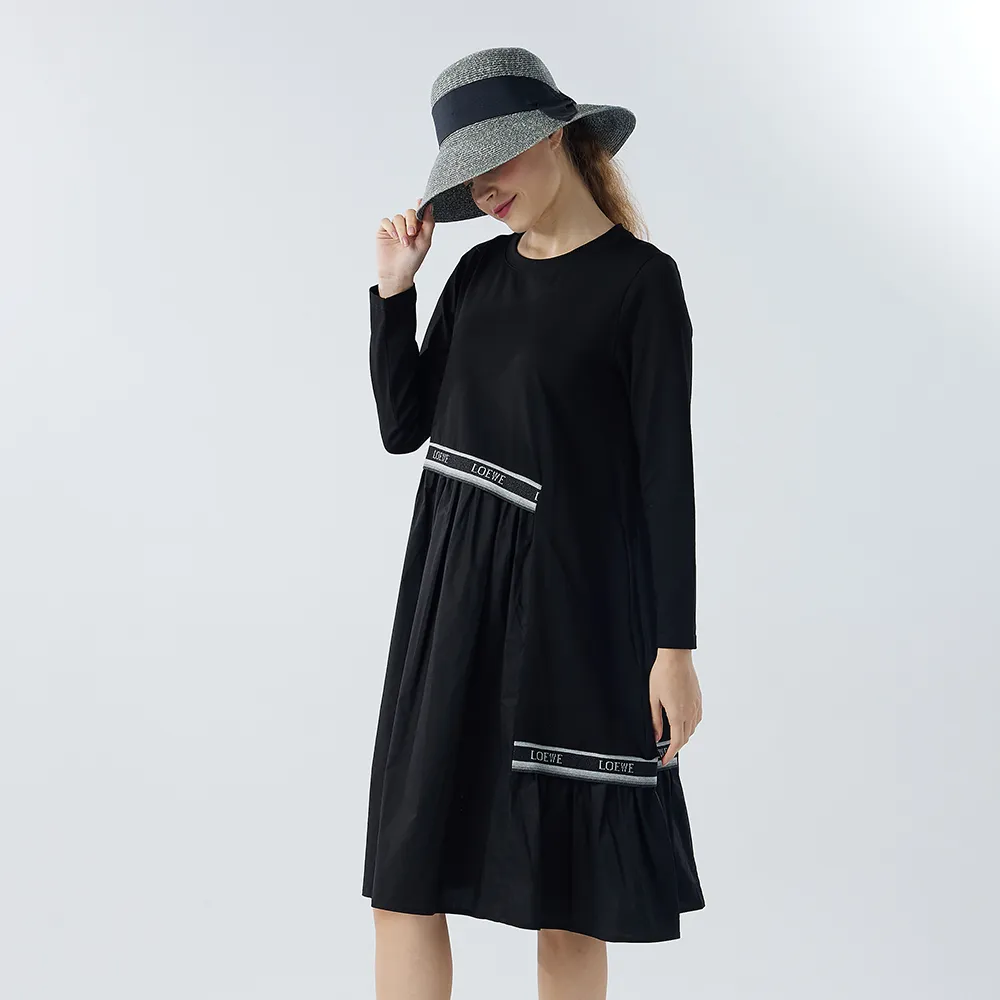 【Qiruo 奇若名品】厚棉質 雙層不規則 拼接 長袖黑色洋裝3056F 