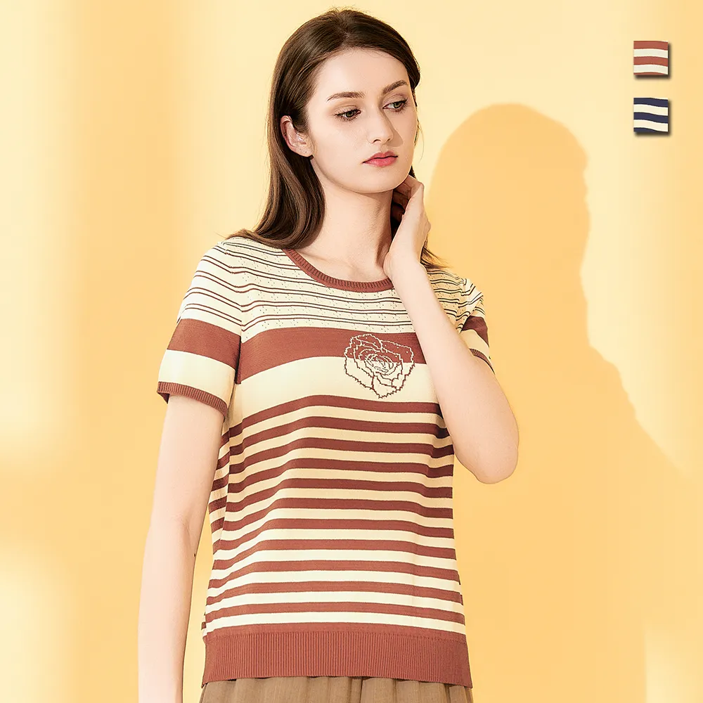 【TOWN’WEAR 棠葳】靜雅玫瑰條紋針織衫 2色(女上衣/女上著/多色/螺紋/短袖/百搭/條紋/涼感)